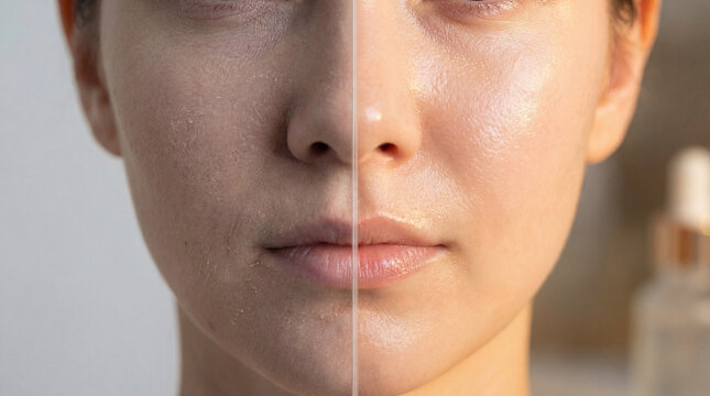 Split face hydration comparison skincare woman dry skin hydrated skin facial closeup beauty healthy moisture transformation smooth glow