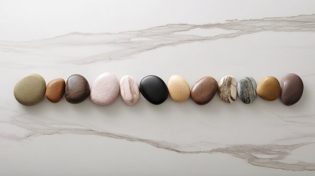 pebble. Arrangement of smooth spa stones on polished grey marble surface, minimalist composition. travel magazines, destination branding, designed for outdoor magazines and nature guides.