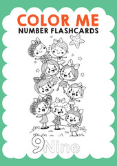 Fototapeta premium Color me number flashcards vector counting ten girls kids number kids kindergarten color maths activity worksheet