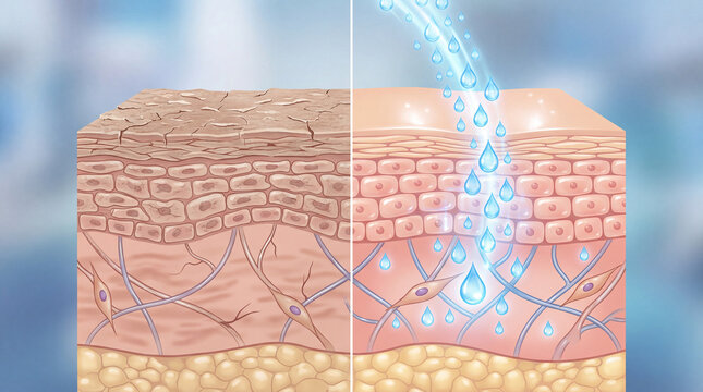 Dry skin hydration water absorption transformation moisture healthy skin epidermis dermis illustration comparison rejuvenation elasticity