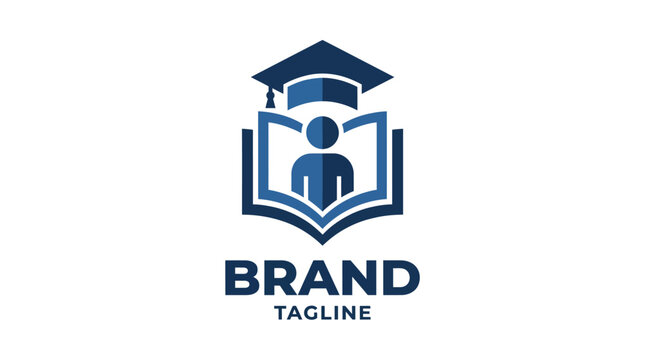 This logo showcases a graduate wearing a cap with an open book symbolizing knowledge, ideal for educational institutions, tutoring services, or online learning platforms promoting education.