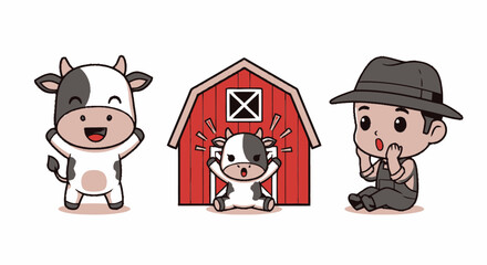 Obraz premium Cute Cartoon Cow and Farmer with Barnyard Illustration for Children.