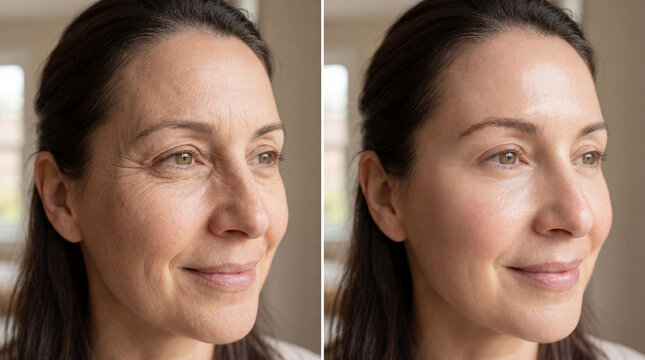 Before and after comparison of middle aged woman with light skin, showing reduced wrinkles, smoother skin texture, and improved hydration, highlighting anti aging skincare results