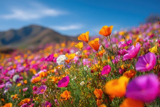 Vibrant Desert Superbloom Landscape with Mountains and Blue Sky.