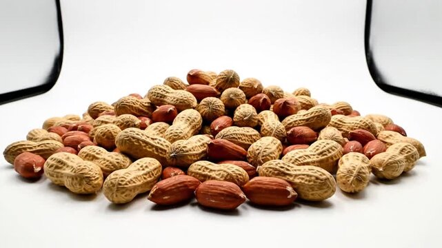 Close-up shot of a pile of peanuts in and out of their shells, beautifully lit and captured on a white background