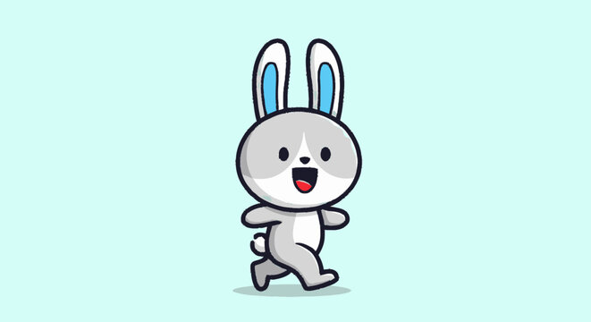 Cartoon Bunny Rabbit Running Happily Across Light Blue Background.