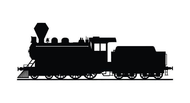 Detailed black silhouette of a vintage steam locomotive traveling on rails silhouette