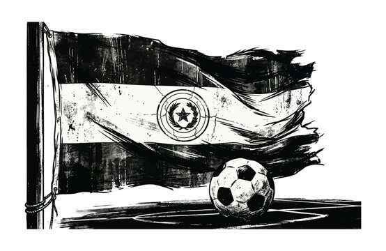 Paraguay flag with grunge texture waving over a soccer field with a ball in the foreground