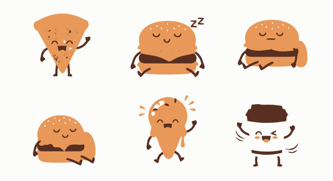 Cartoon Food Characters - Pizza, Burgers, Ice Cream, and Coffee.