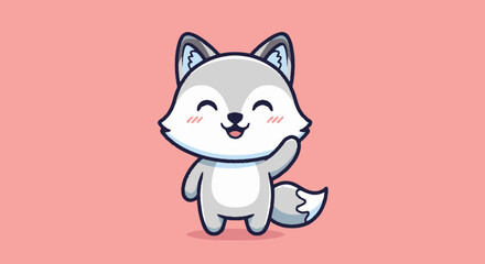 Obraz premium Charming cartoon wolf character waving hello with a friendly smile.
