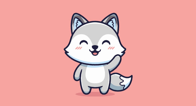 Charming cartoon wolf character waving hello with a friendly smile.
