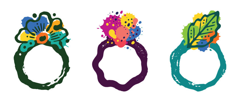Abstract ring design elements, floral and botanical silhouettes, colorful set
