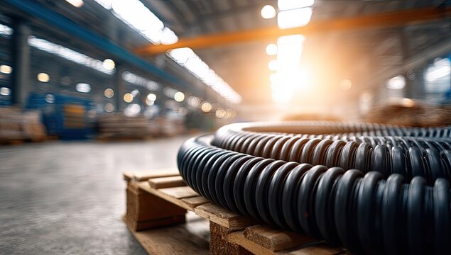 Corrugated Plastic Tubing on Wooden Pallet in Industrial Warehouse Setting.