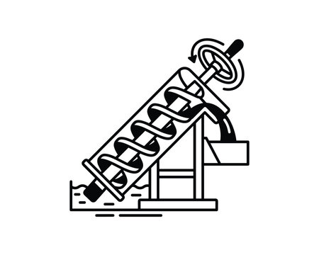 Archimedes screw water pump illustration. Water lifting machine line art