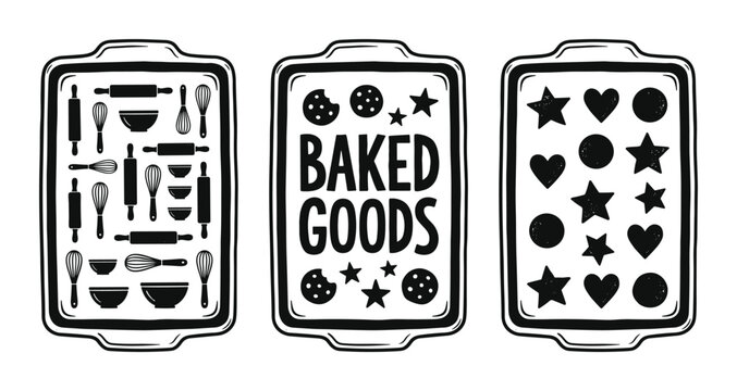 Baking sheet linocut with cookware, baked goods, cookies vector illustration
