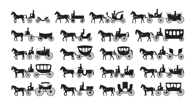 Set of vintage horse carriages black silhouettes collection, classic transportation vehicles.