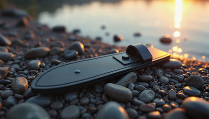 Obraz premium Knife sheath resting on pebbles beside a tranquil water body at sunset. This image captures themes of outdoor adventure, camping, or nature exploration.