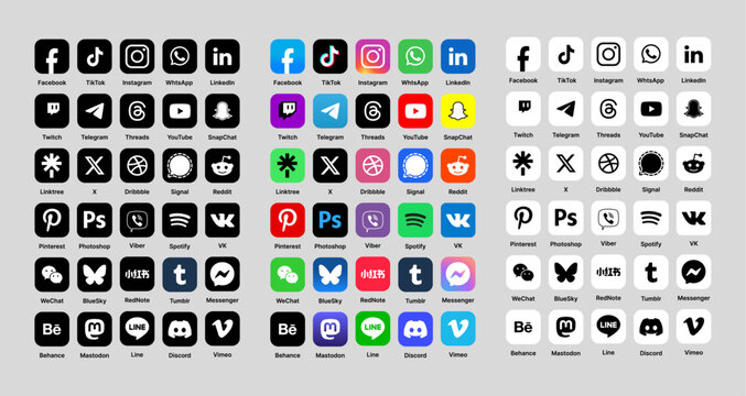  Social media icons. Facebook, Instagram, Twitter, Youtube, Pinterest, Behance, Vimeo, Google, Skype, Viber, TikTok, Whatsapp, Linkedin, Telegram, WeChat, Dribble, Reddit, Blogger. Editorial vector