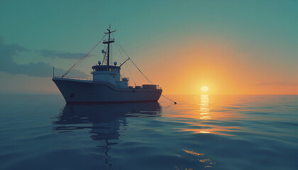 Obraz premium Fishing boat floating on tranquil sea at sunset. The gentle waves reflect warm colors while the sun sets in the horizon. Ideal for promoting maritime themes, aquatic adventures, or travel articles.