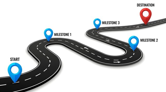 Winding Road Path and Milestone Location Pins and destination Pin. Business Roadmap Infographic illustration