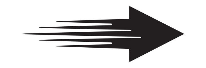 Fototapeta premium Fast motion arrow vector, speed direction symbol with trailing lines, dynamic forward movement icon, minimal black silhouette design for racing, navigation and progress concepts. Arrow moving dynamic.