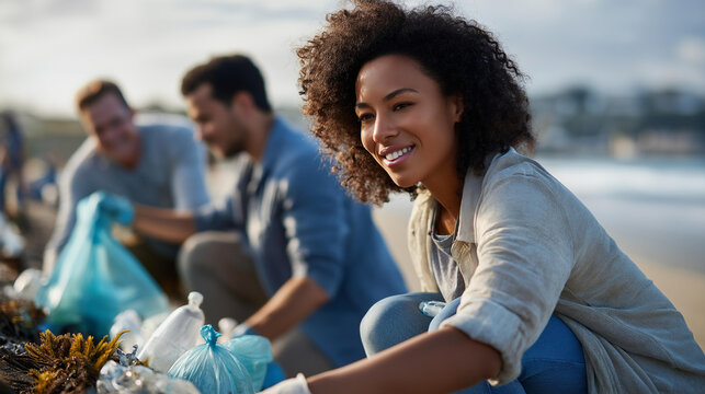 Volunteers cleaning a beach collecting plastic waste into garbage bags on a shoreline during a community cleanup