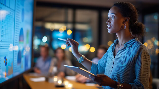 Technical analyst presents system optimization results with charts and graphs to executives in a dim meeting room using a laptop and projector