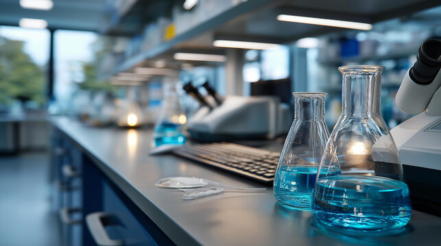 Modern pharmaceutical research laboratory with glassware and automated testing equipment in a cleanroom high-tech R&D setting