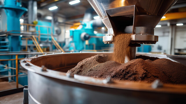 Massive industrial mixer mixing raw materials inside a chemical plant for large-scale production with stainless steel machinery and processing equipment