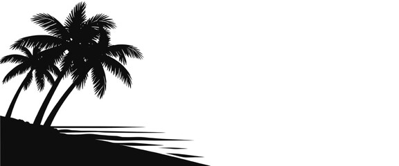 Obraz premium Tropical Beach Palm Tree Silhouette Logo Design – Island Ocean Landscape Illustration for Summer Travel Vacation Resort Branding Emblem