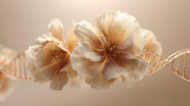 Flower merging into DNA helix on beige background showcasing soft petals transforming into molecular structure in minimal luxury nature science concept