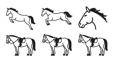 Fototapeta premium Set of outline and saddled horse icons showing jumping running and head details isolated on white.