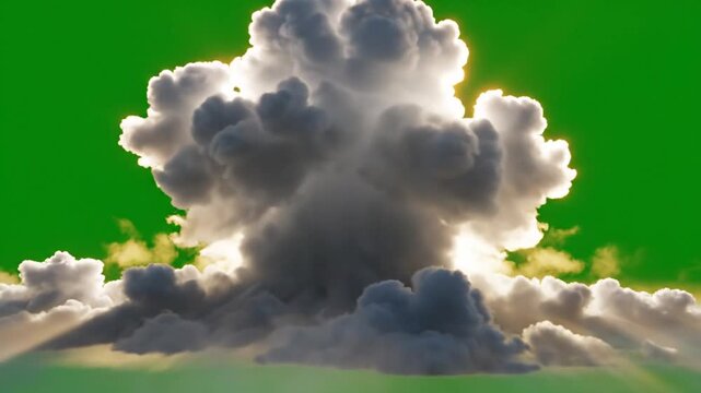Epic explosion cloud with a bright flash of light against a vibrant green screen background
