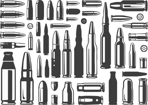 ammunition bullet and casing silhouettes lineup vector