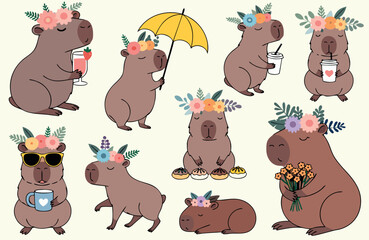Fototapeta premium Cute Capybara Character Set Flat Vector Illustration, Kawaii Animal Collection for Stickers, Kids Design and Social Media