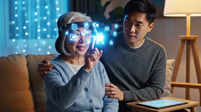 Senior woman explores AR visor displaying holographic icons. Son helps mother with virtual technology at home. Woman uses visor with AR display. Mother and son share technology experience together.