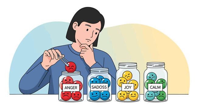A person thoughtfully engages in emotional regulation, carefully sorting through feelings of anger, sadness, joy, and calm in jars, symbolizing mental wellness and self-management