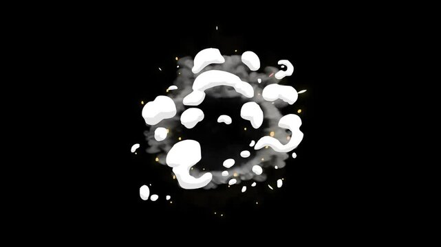 Flash smoke explosion, cartoon hand drawn smoke burst elements, anime spark light energy blast, dust puff transition fx, cinematic cartoon explosion on black screen background 4k