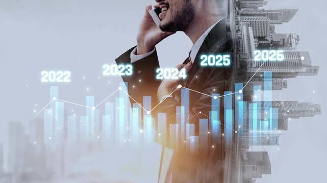 Business bar chart and line graph showing yearly business growth from 2022 to new year 2026, represent data analytics, future 2026 planning, business 2026 trend, and performance analysis 2026 Marrow