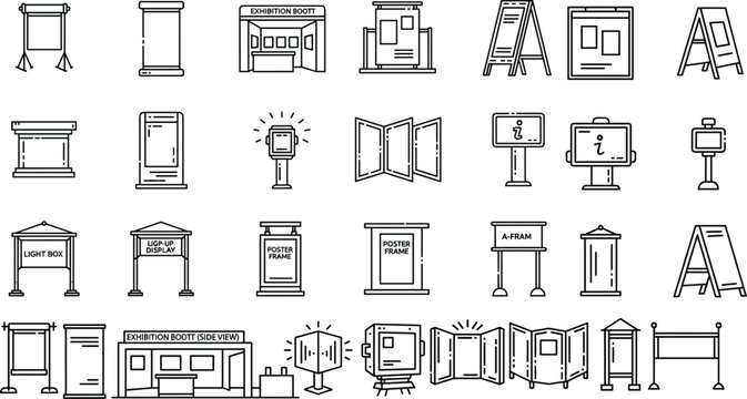 Exhibition and Display Booth Icon Set, Featuring Light Boxes, Posters, Frames, A-Frames, and Signage in Minimalist Line Art Style
