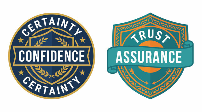 This image features badges highlighting themes of certainty and confidence, using rich colors and elegant design to convey trust and reliability in branding or presentations.