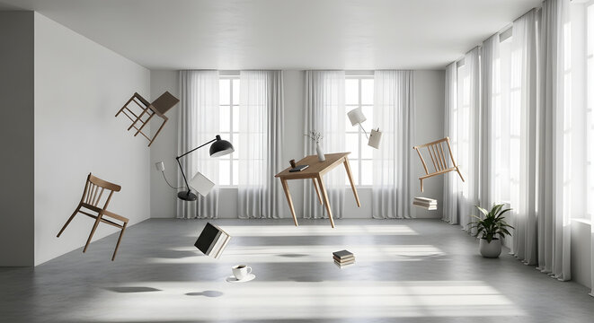 Gravity-defying furniture and objects in a bright, modern minimalist room. Surreal interior design concept.