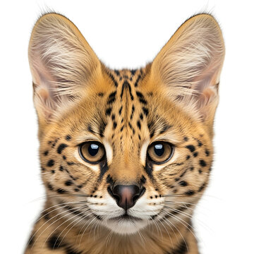 Close-up portrait of a serval kitten's face on a white background