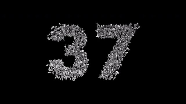 Number 37 Formed by Small Digits Animation with Alpha Channel. Typographic Number Formation Effect. Digital Number Made of Numbers. 3D Font Typographic Animation. Transparent Background