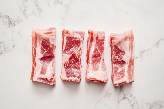 Raw pork ribs arranged neatly on a marble surface, showcasing their marbling and freshness.