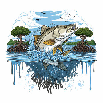 Snook fish jumping out of water with mangrove forest background vector illustration