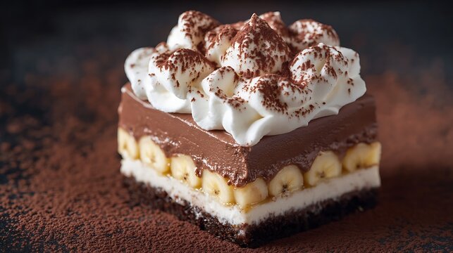 Decadent layered chocolate banana cream dessert slice topped with fluffy whipped cream and dusted cocoa powder presented on a dark cocoa dusted surface with soft studio lighting