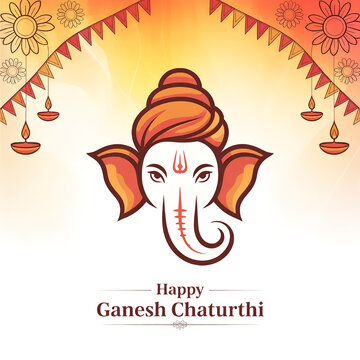 Happy Ganesh Chaturthi Festival Greeting with Minimal Lord Ganesha Illustration and Traditional Decorations