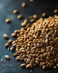 Obraz premium A close-up view of toasted coriander seeds on a dark surface, showcasing their rich, warm brown tones.