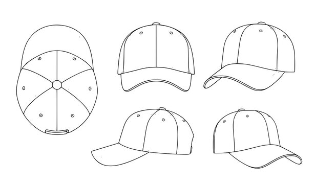 Baseball cap outline vector set top front side perspective views isolated on white background